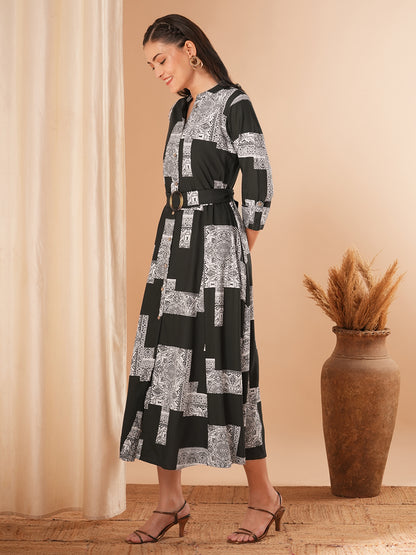 Ethnic Geometric Printed A-Line Flared Midi Dress with Belt - Dark Green