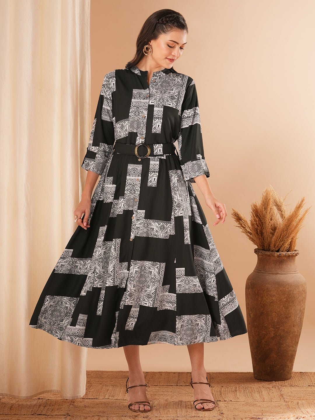 Ethnic Geometric Printed A-Line Flared Midi Dress with Belt - Dark Green