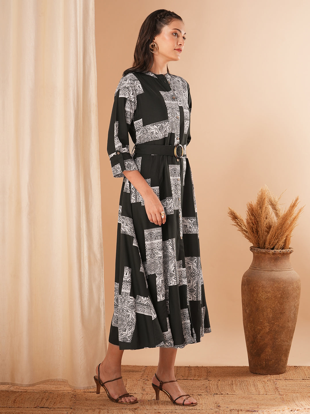 Ethnic Geometric Printed A-Line Flared Midi Dress with Belt - Dark Green