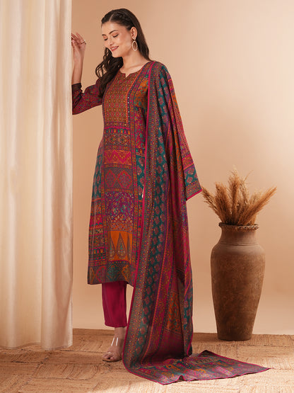 Ethnic Floral Printed & Embroidered Straight Fit Kurta with Pant and Dupatta - Multi