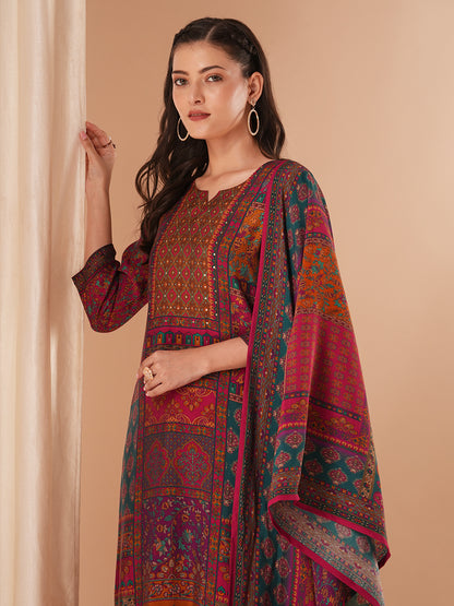 Ethnic Floral Printed & Embroidered Straight Fit Kurta with Pant and Dupatta - Multi