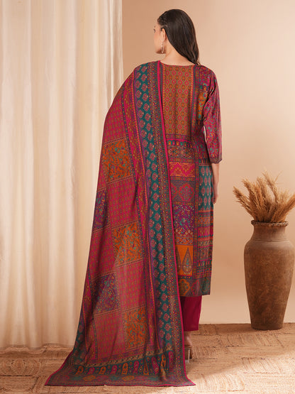 Ethnic Floral Printed & Embroidered Straight Fit Kurta with Pant and Dupatta - Multi
