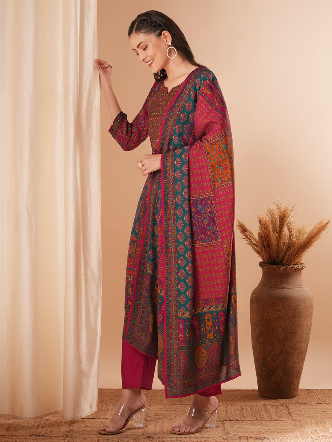 Ethnic Floral Printed & Embroidered Straight Fit Kurta with Pant and Dupatta - Multi