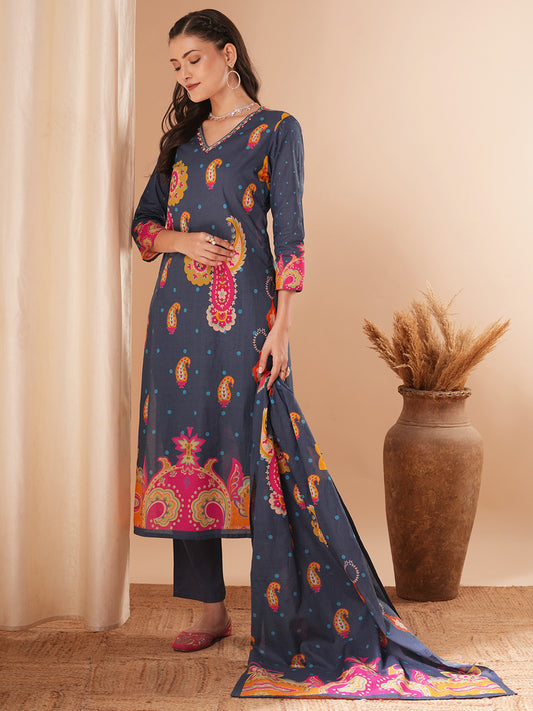 Floral Printed & Embroidered Straight Kurta with Pant & Dupatta - Blue