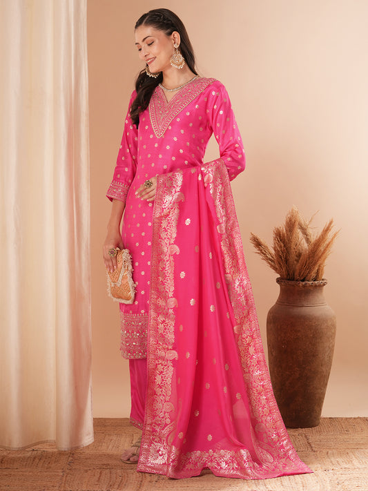 Solid Ethnic Woven & Embroidered Straight Kurta with Pant & Dupatta - Pink