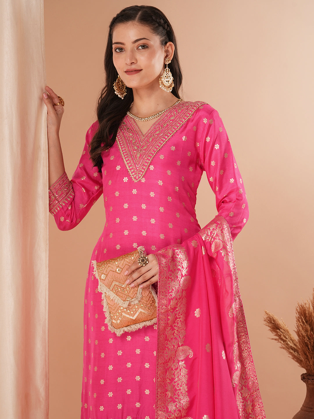 Solid Ethnic Woven & Embroidered Straight Kurta with Pant & Dupatta - Pink