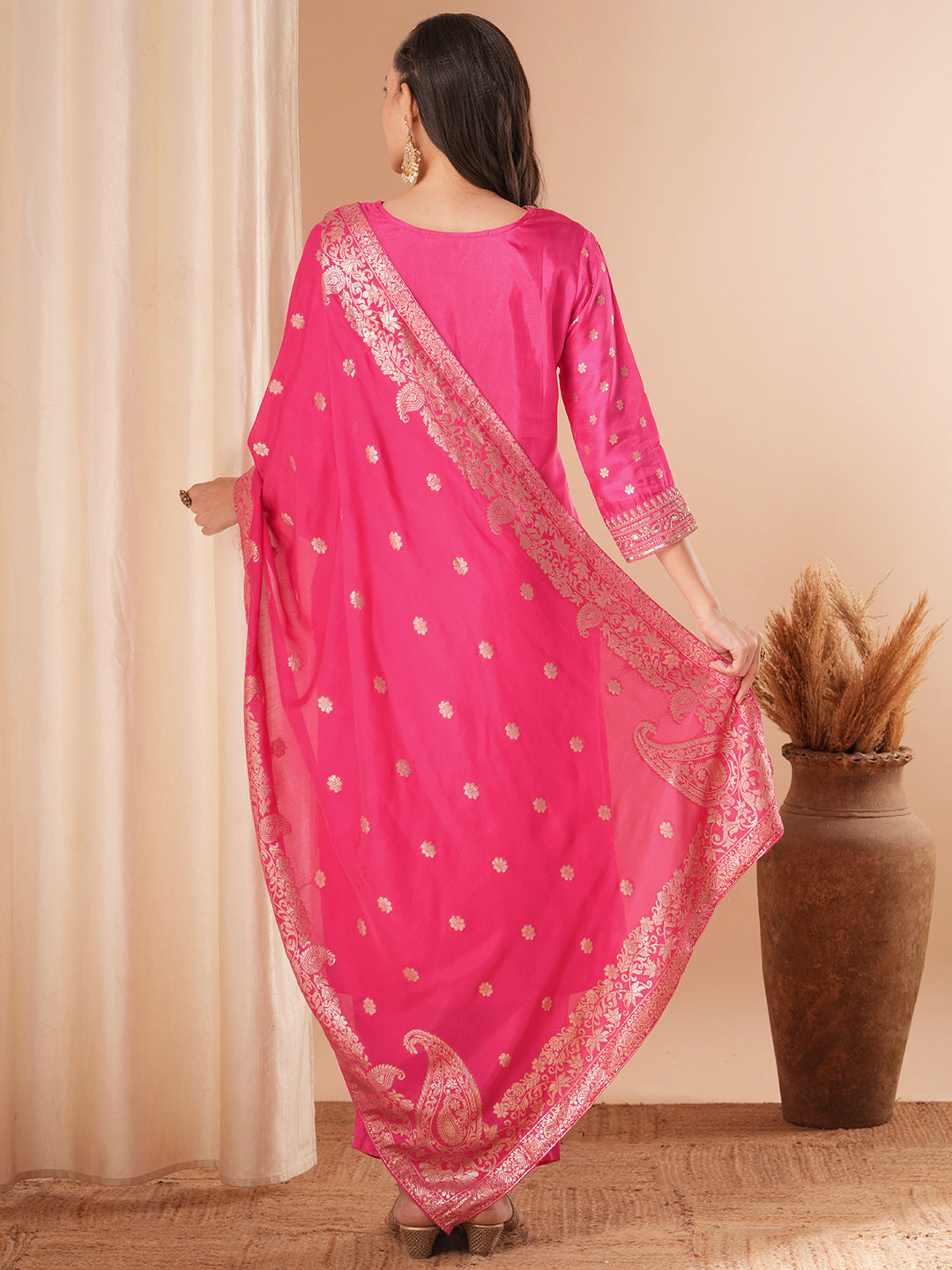 Solid Ethnic Woven & Embroidered Straight Kurta with Pant & Dupatta - Pink