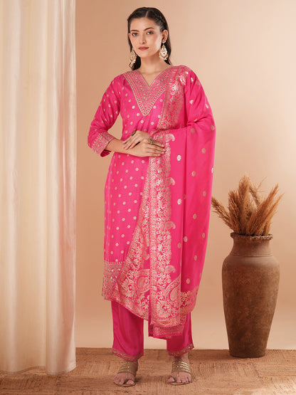 Solid Ethnic Woven & Embroidered Straight Kurta with Pant & Dupatta - Pink