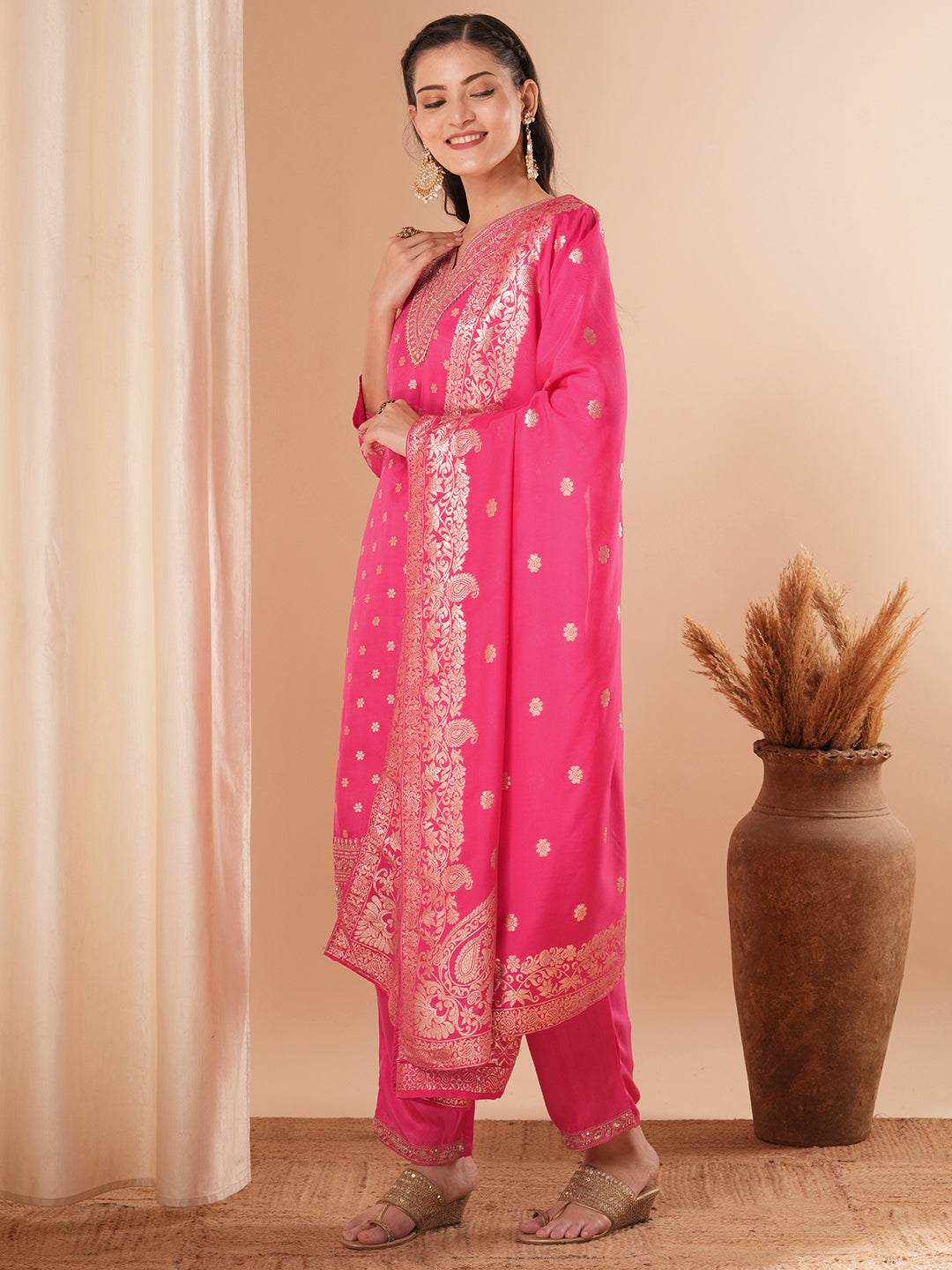 Solid Ethnic Woven & Embroidered Straight Kurta with Pant & Dupatta - Pink