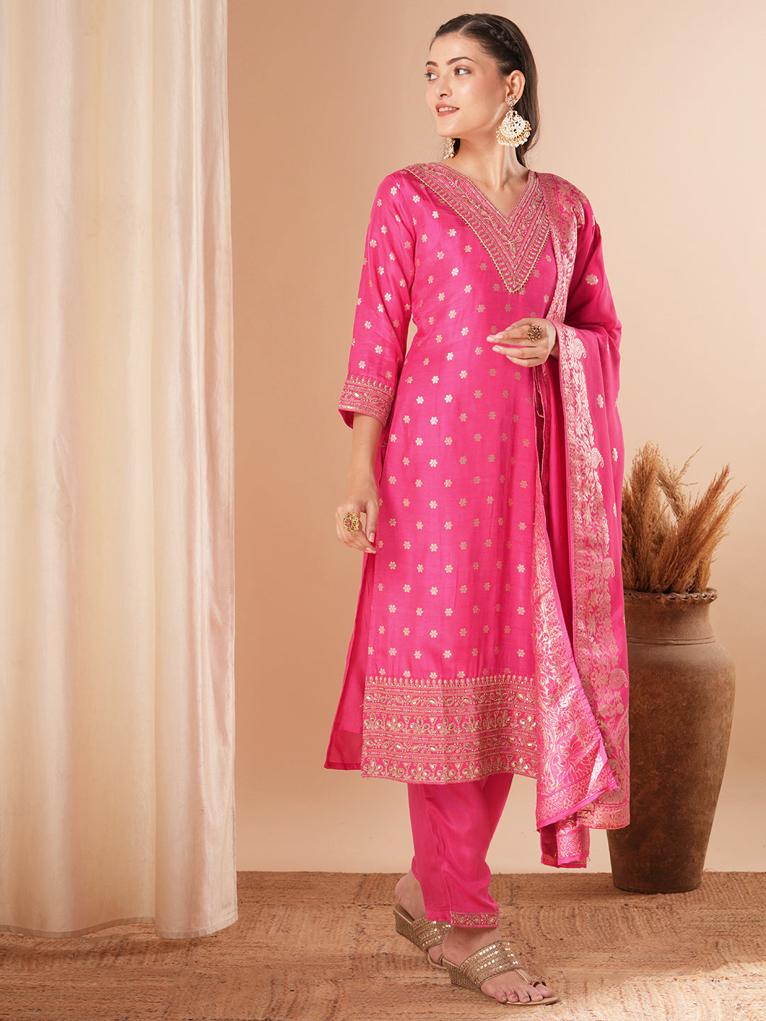 Solid Ethnic Woven & Embroidered Straight Kurta with Pant & Dupatta - Pink