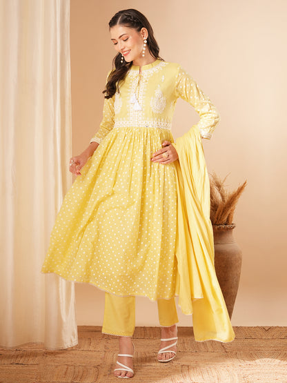 Ethnic Printed & Embroidered A-Line Pleated Kurta with Pant and Dupatta - Yellow