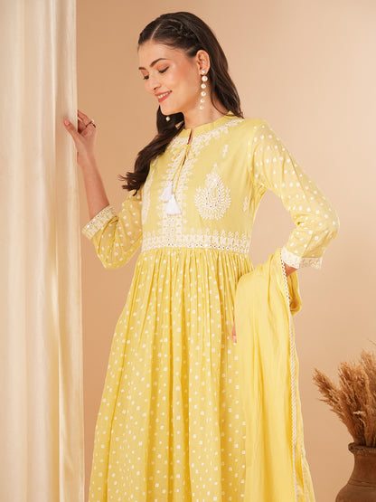 Ethnic Printed & Embroidered A-Line Pleated Kurta with Pant and Dupatta - Yellow