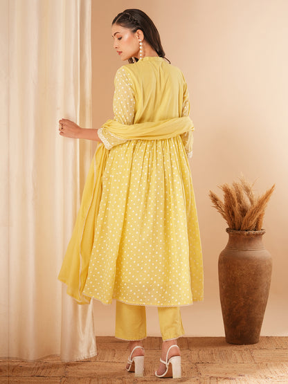 Ethnic Printed & Embroidered A-Line Pleated Kurta with Pant and Dupatta - Yellow