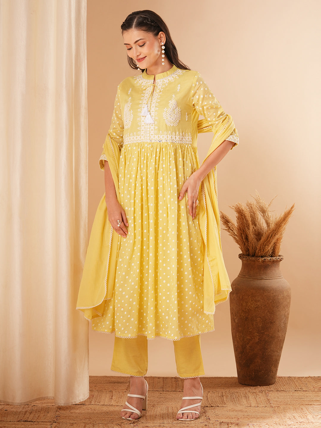 Ethnic Printed & Embroidered A-Line Pleated Kurta with Pant and Dupatta - Yellow