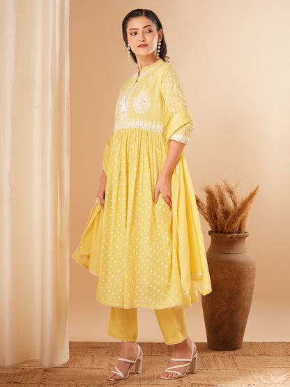 Ethnic Printed & Embroidered A-Line Pleated Kurta with Pant and Dupatta - Yellow