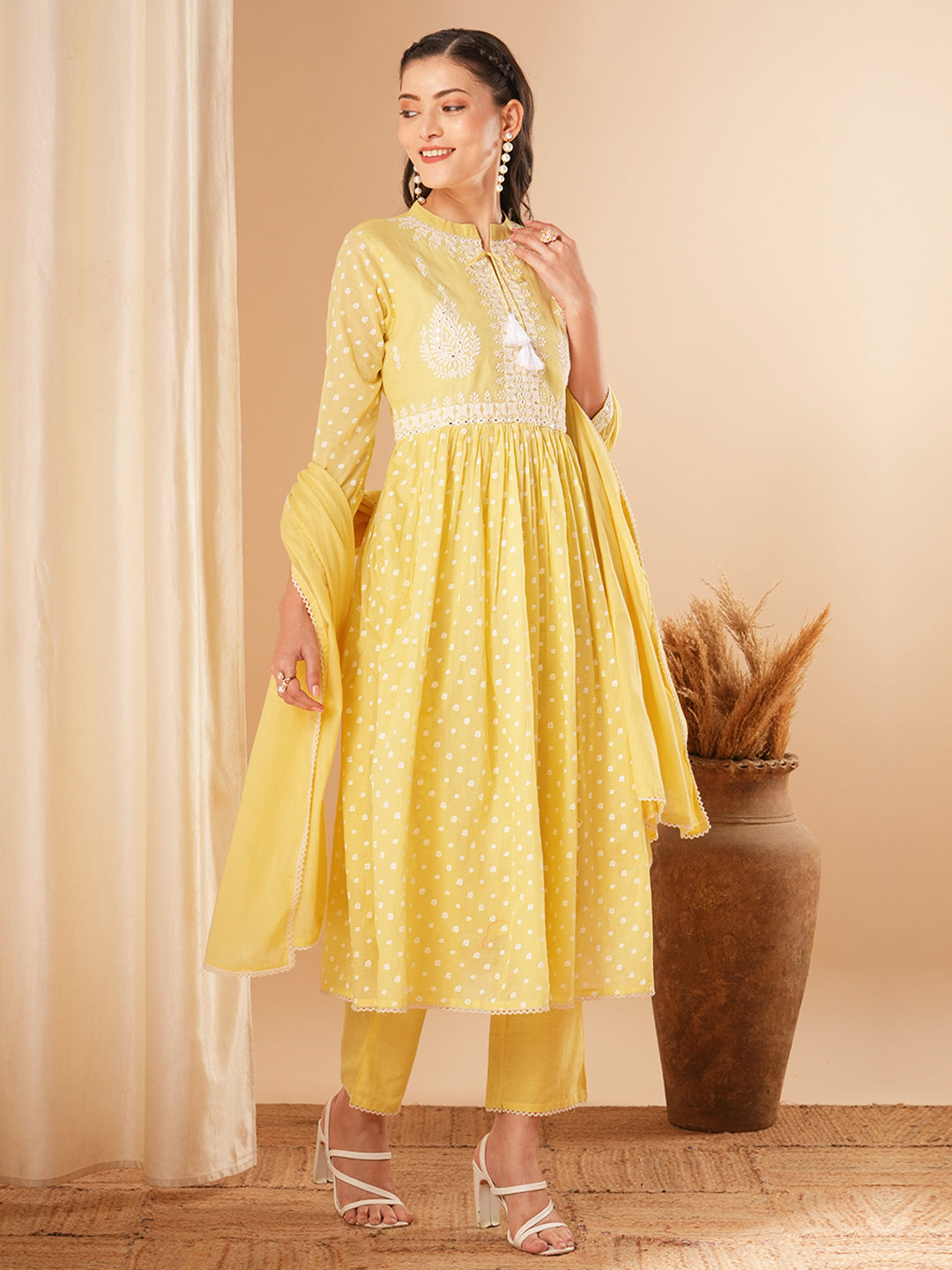 Ethnic Printed & Embroidered A-Line Pleated Kurta with Pant and Dupatta - Yellow