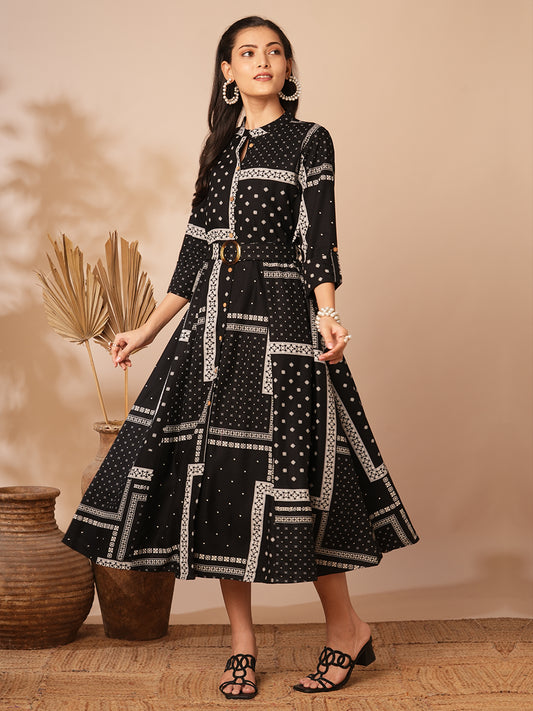 Ethnic Floral Printed A-Line Flared Midi Dress with Belt - Black