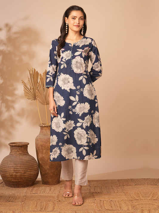 Ethnic Floral Printed & Kantha Embroidered Straight Fit Kurta - Blue