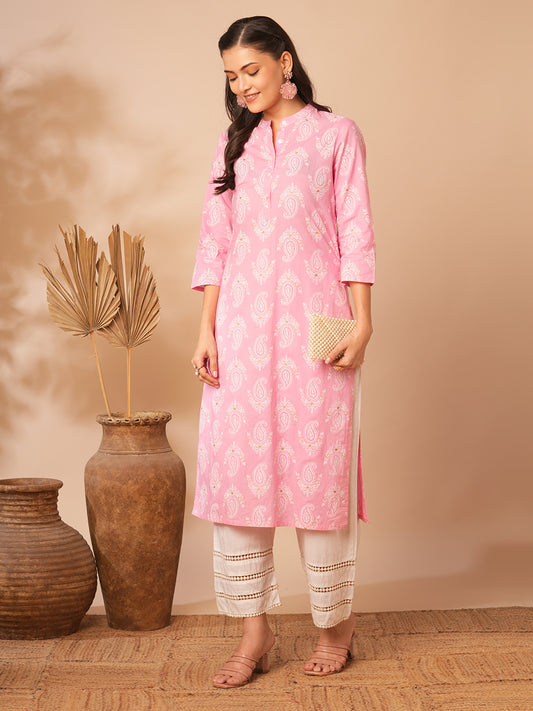 Ethnic Khari Printed Straight Fit Kurta - Pink