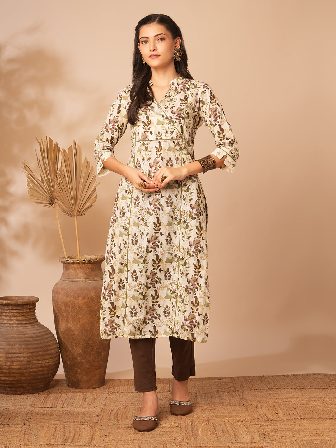 Ethnic Printed A-Line Paneled Kurta with Palazzo - Off White