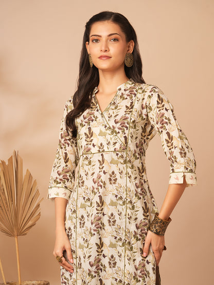 Ethnic Printed A-Line Paneled Kurta with Palazzo - Off White