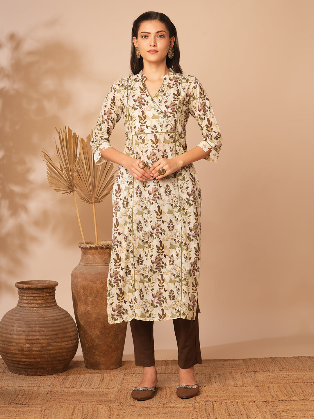 Ethnic Printed A-Line Paneled Kurta with Palazzo - Off White