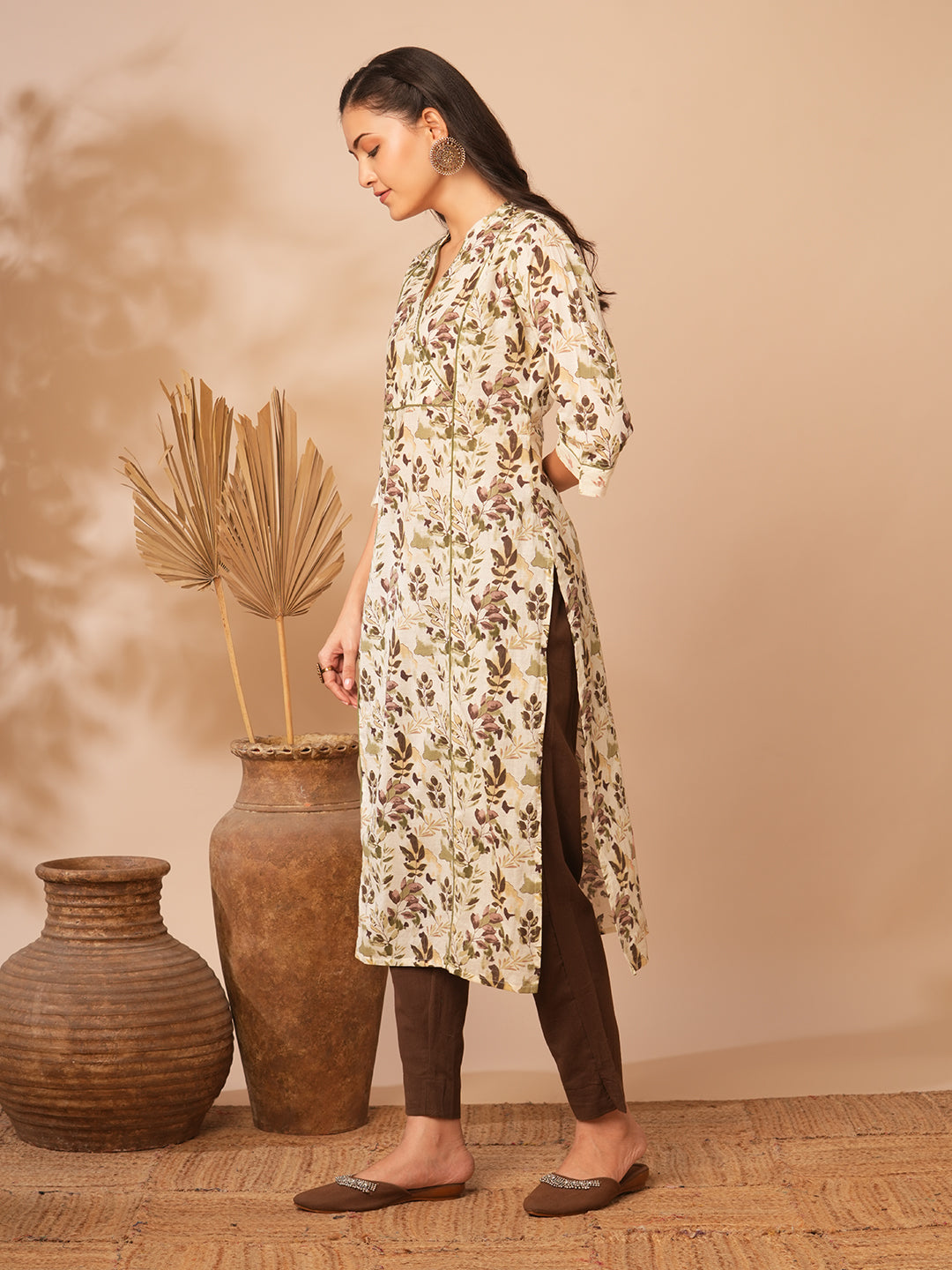 Ethnic Printed A-Line Paneled Kurta with Palazzo - Off White