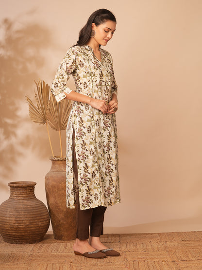 Ethnic Printed A-Line Paneled Kurta with Palazzo - Off White