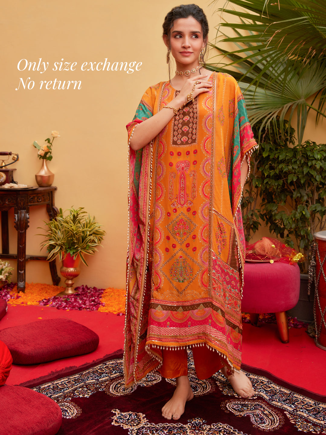 Ethnic Printed & Embroidered Kaftan Kurta with Palazzo - Orange