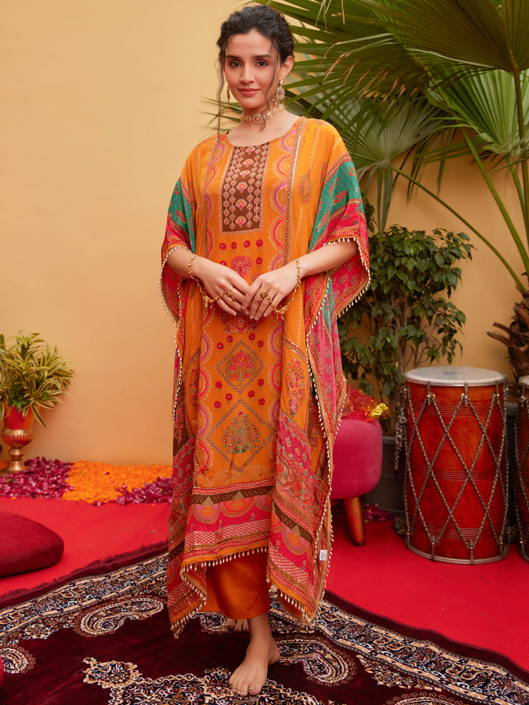 Ethnic Printed & Embroidered Kaftan Kurta with Palazzo - Orange