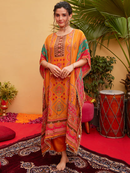 Ethnic Printed & Embroidered Kaftan Kurta with Palazzo - Orange