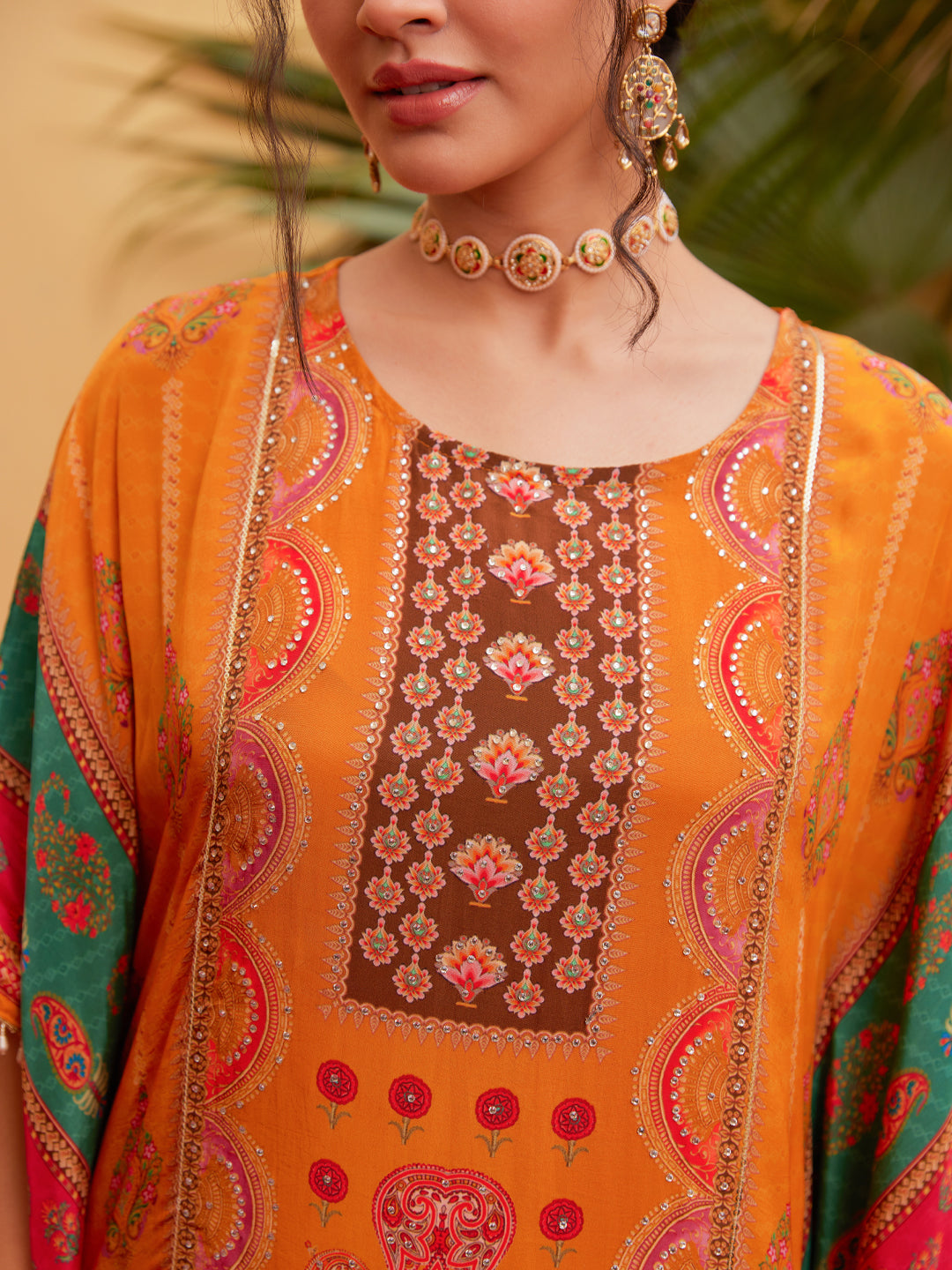 Ethnic Printed & Embroidered Kaftan Kurta with Palazzo - Orange