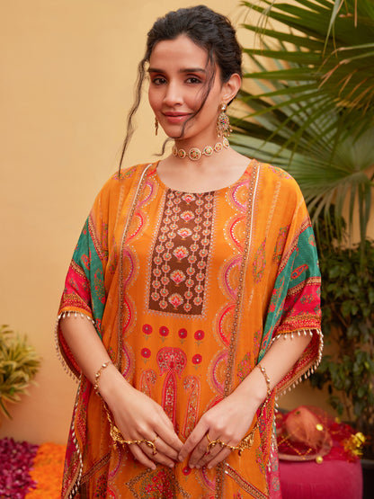 Ethnic Printed & Embroidered Kaftan Kurta with Palazzo - Orange