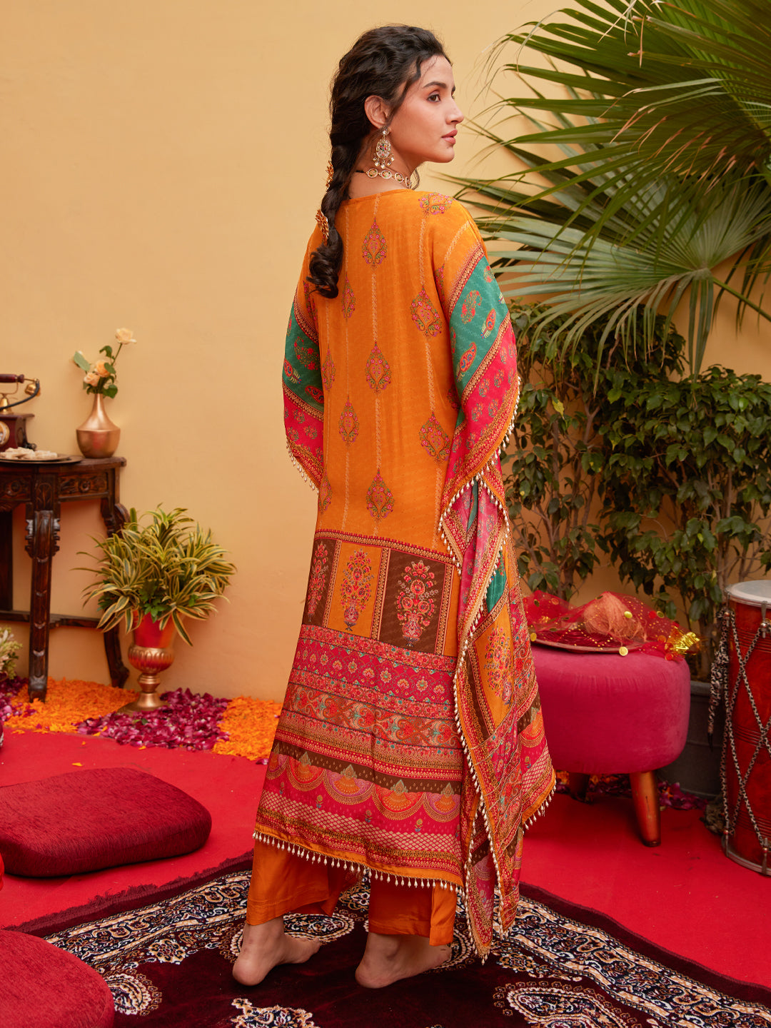 Ethnic Printed & Embroidered Kaftan Kurta with Palazzo - Orange