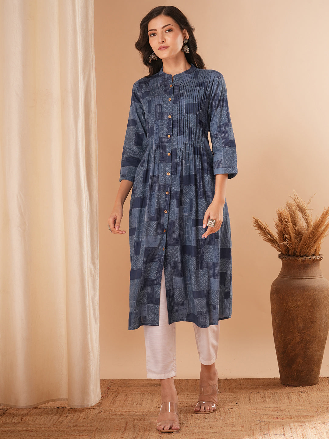 Geometric Checks Printed Pleated A-Line Flared Midi Dress Blue