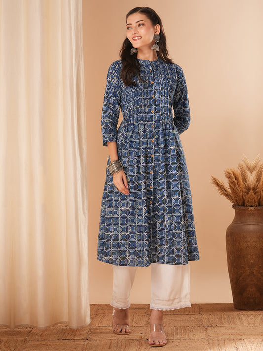 Ethnic Geometric Printed A-Line Pleated Midi Flared Dress - Blue