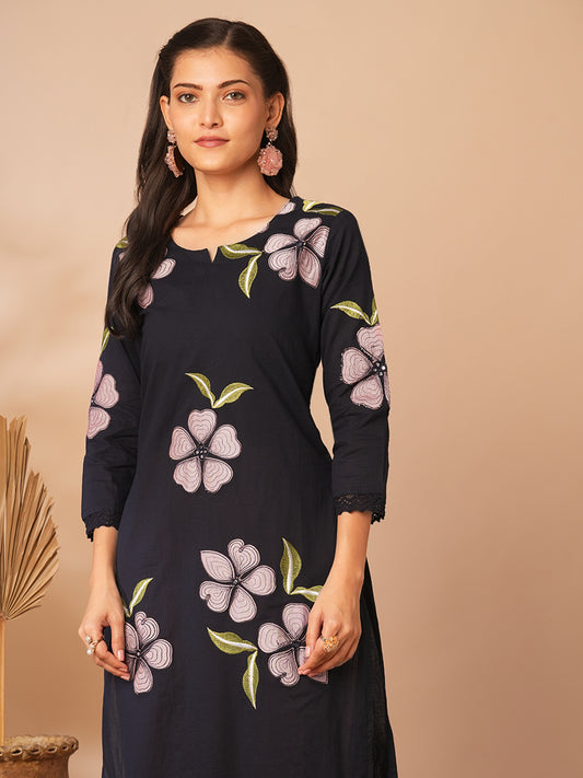 Abstract Floral Printed Straight Fit Kurta - Black