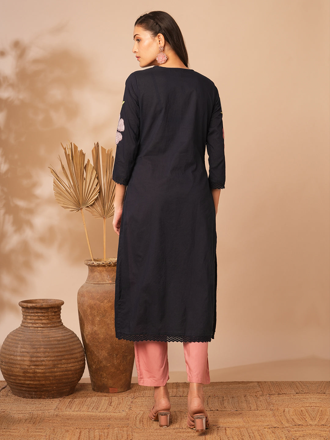 Abstract Floral Printed Straight Fit Kurta - Black