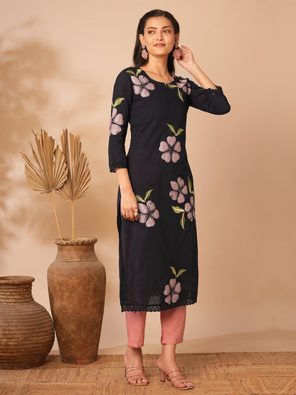 Abstract Floral Printed Straight Fit Kurta - Black