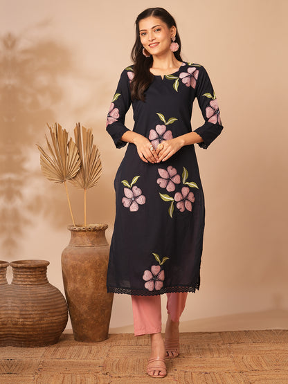 Abstract Floral Printed Straight Fit Kurta - Black