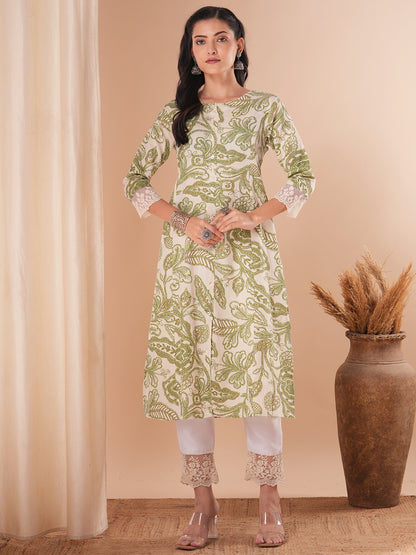 Abstract Floral Printed A-Line Paneled Kurta - Cream