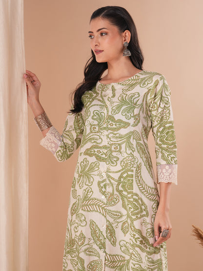 Abstract Floral Printed A-Line Paneled Kurta - Cream