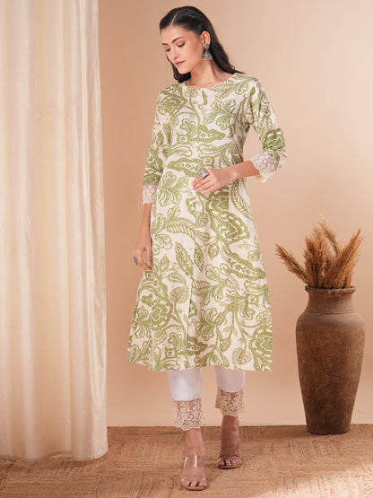 Abstract Floral Printed A-Line Paneled Kurta - Cream