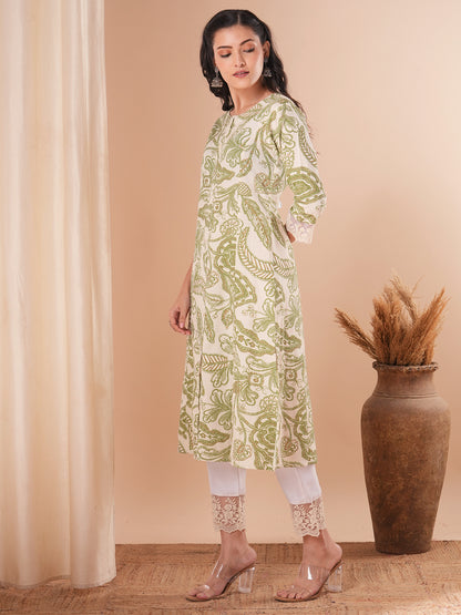 Abstract Floral Printed A-Line Paneled Kurta - Cream