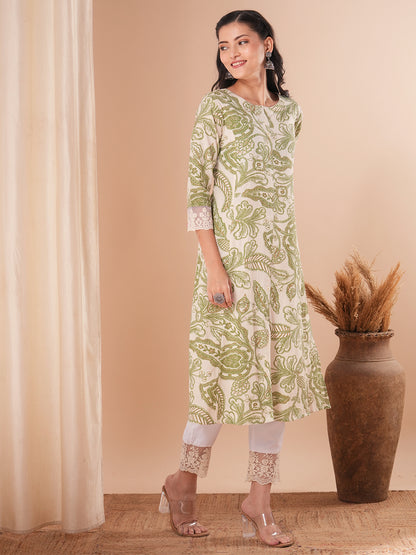 Abstract Floral Printed A-Line Paneled Kurta - Cream