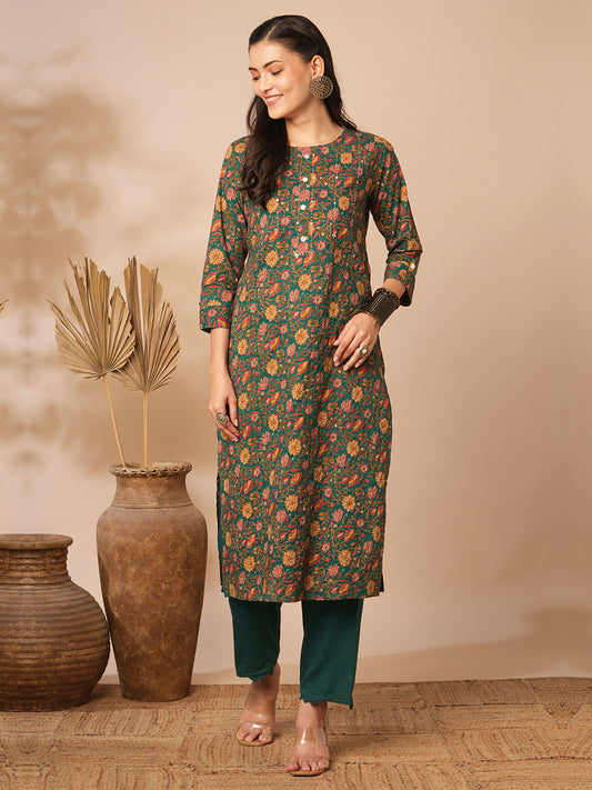 Ethnic Floral Printed Straight Fit Pin Tucked Kurta - Green