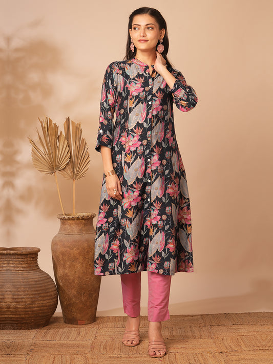 Abstract Floral Printed A-Line Paneled & Kurta - Blue