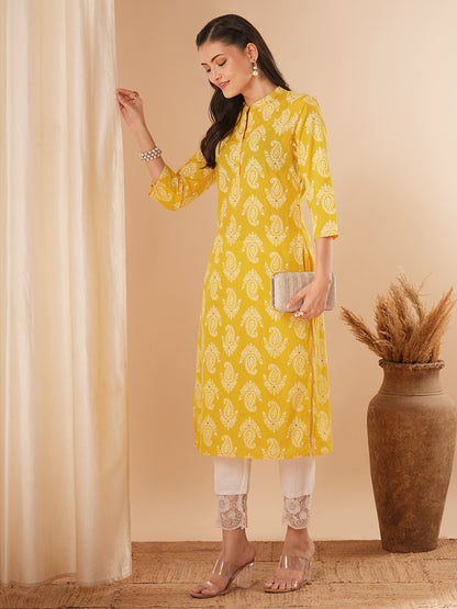 Ethnic Khari Printed Straight Fit Kurta - Yellow