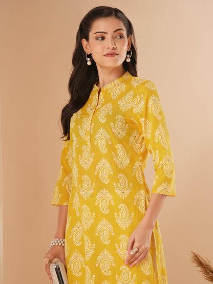 Ethnic Khari Printed Straight Fit Kurta - Yellow