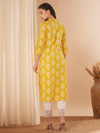 Ethnic Khari Printed Straight Fit Kurta - Yellow